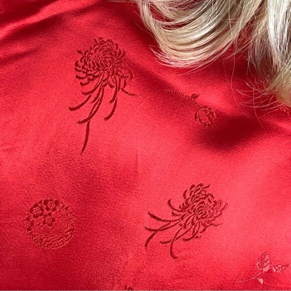 Silk Jacket Quilted Red Gold Boxy Split Hem 3/4 Sleeve Reversible Floral M - Picture 11 of 14